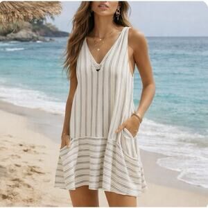 Dee Elle Sz S Striped Lined Swing Tunic Dress Pockets Coastal Cover Up